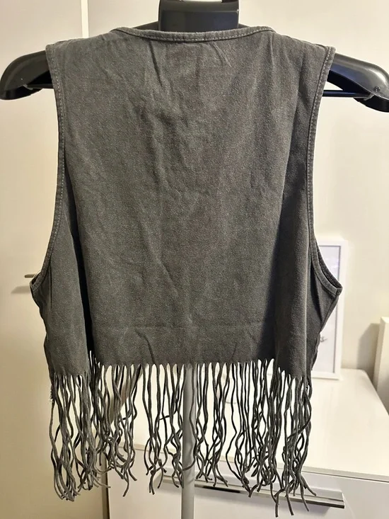 AC/DC XL Black Fringe Tank Top Graphic Vintage Ladies Babydoll Tassel Vest - Picture 2 of 8